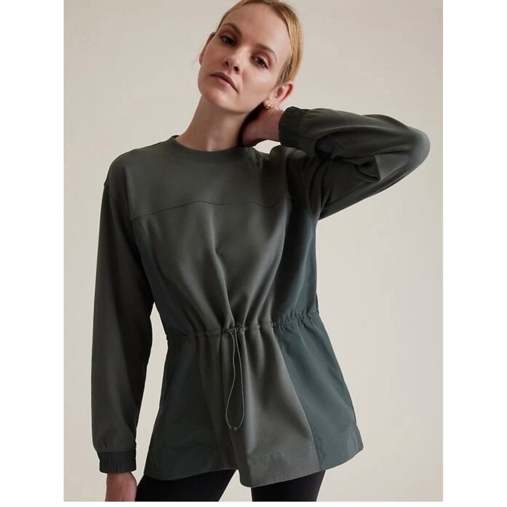 Athleta Cinch It Up Top Small Green Mixed Media Drawstring Tunic